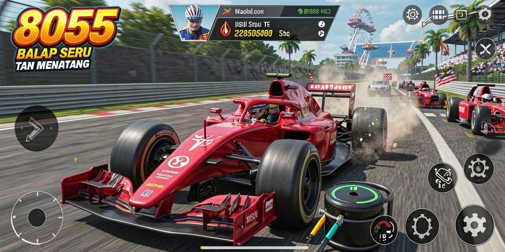 Tampilan gameplay 8055 yang mendebarkan di lintasan balap.