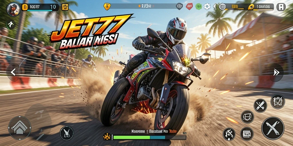 Tangkapan layar gameplay JET77 dengan aksi balapan motor yang seru.