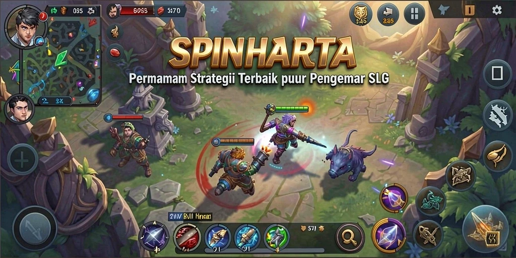 Tangkapan layar gameplay SPINHARTA yang menampilkan strategi pertempuran yang seru.